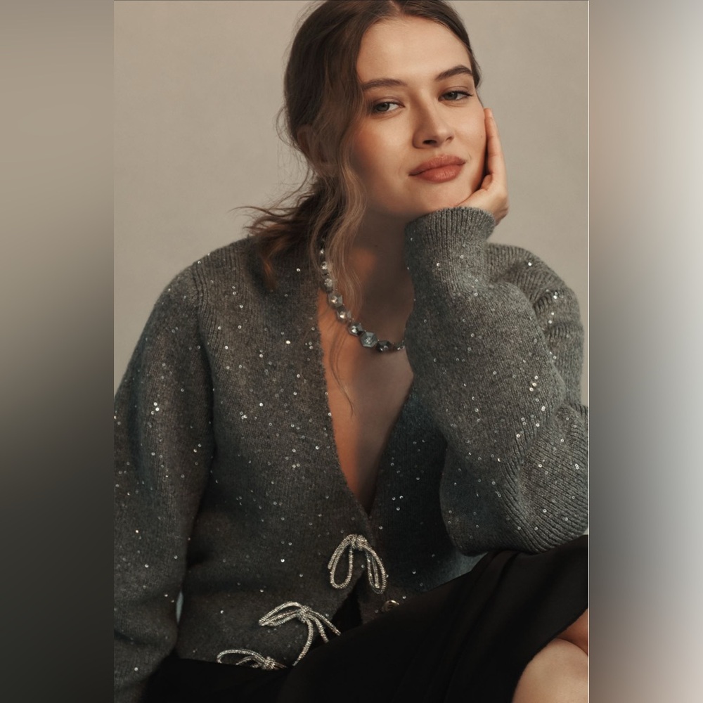 Maeve Gray Sequin Tie-Front Cardigan